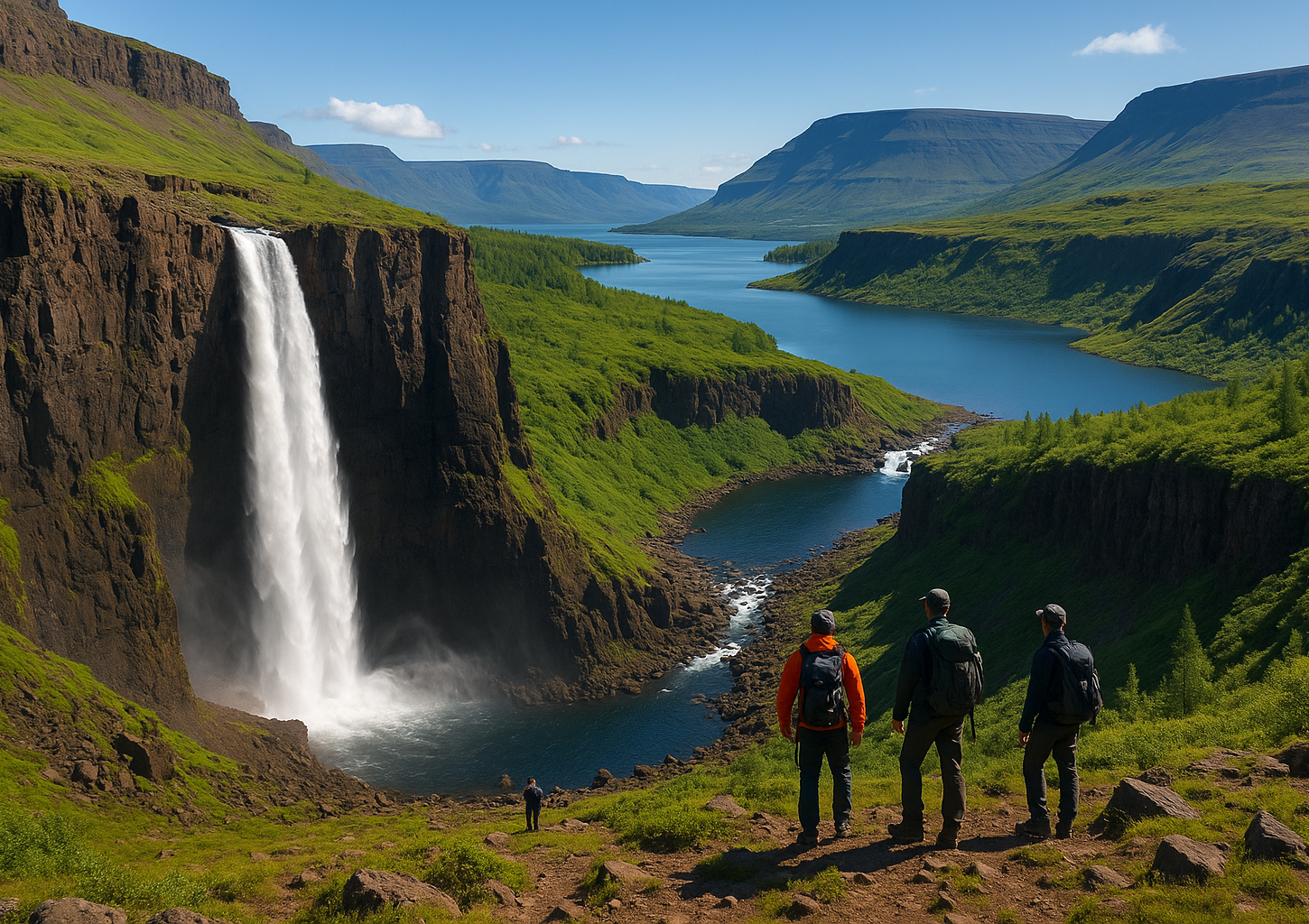 Изображение плато Путорана с его живописными ландшафтами, водопадами и озёрами.