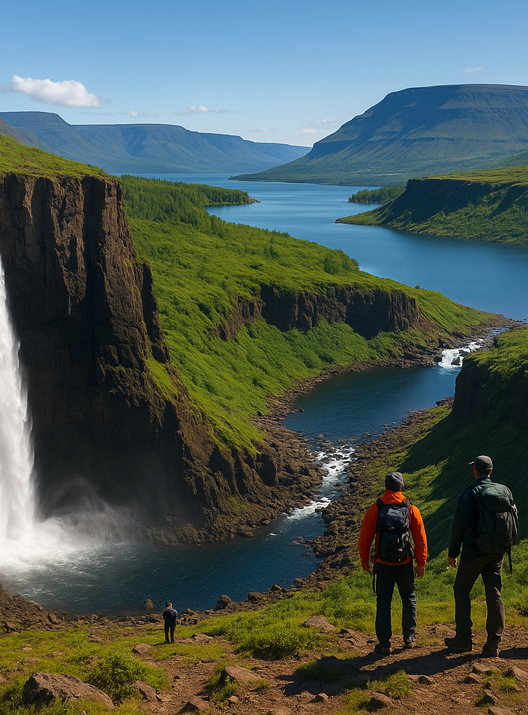 Изображение плато Путорана с его живописными ландшафтами, водопадами и озёрами.
