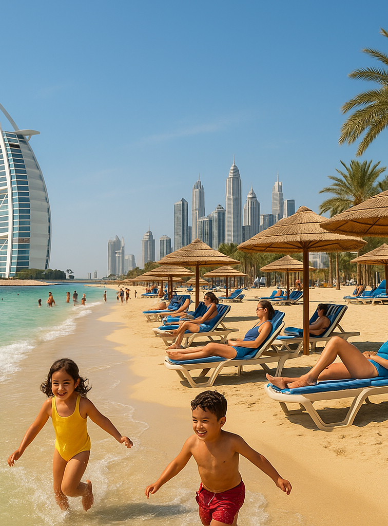 Изображение теплая погода и туристы на пляже в Дубае в марте