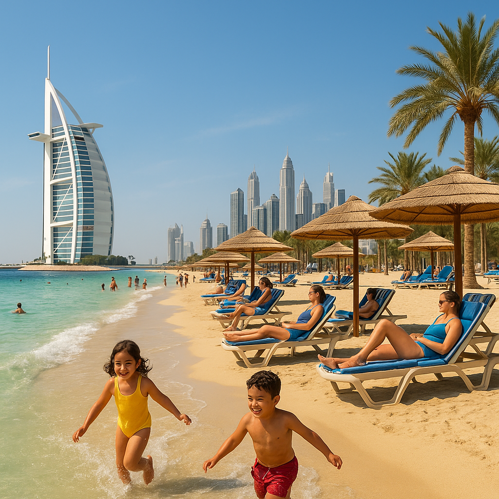 Изображение теплая погода и туристы на пляже в Дубае в марте