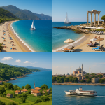 Вид побережья Турции с высоты птичьего полета, где встречаются разные моря - Средиземное, Эгейское, Чёрное и Мраморное. Пляжи и захватывающие голубые воды подчёркивают разнообразие и привлекательность каждого региона для отдыха.