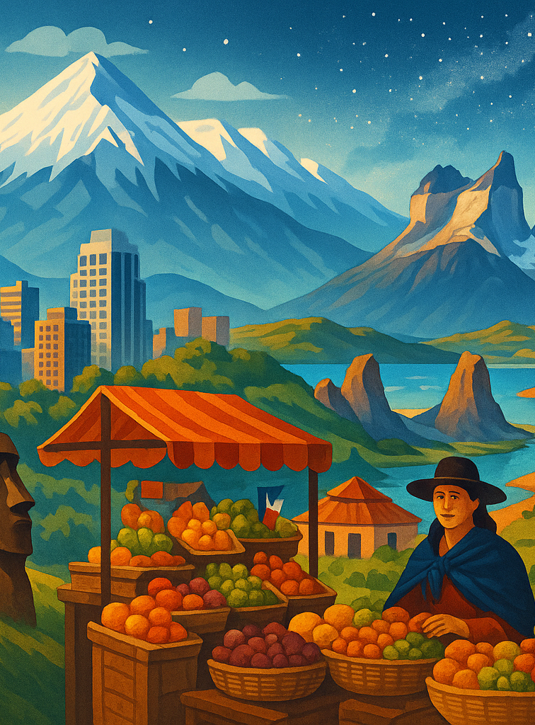 Обложка статьи о лучших туристических местах Чили, включая Сантьяго, Патагонию и остров Пасхи.